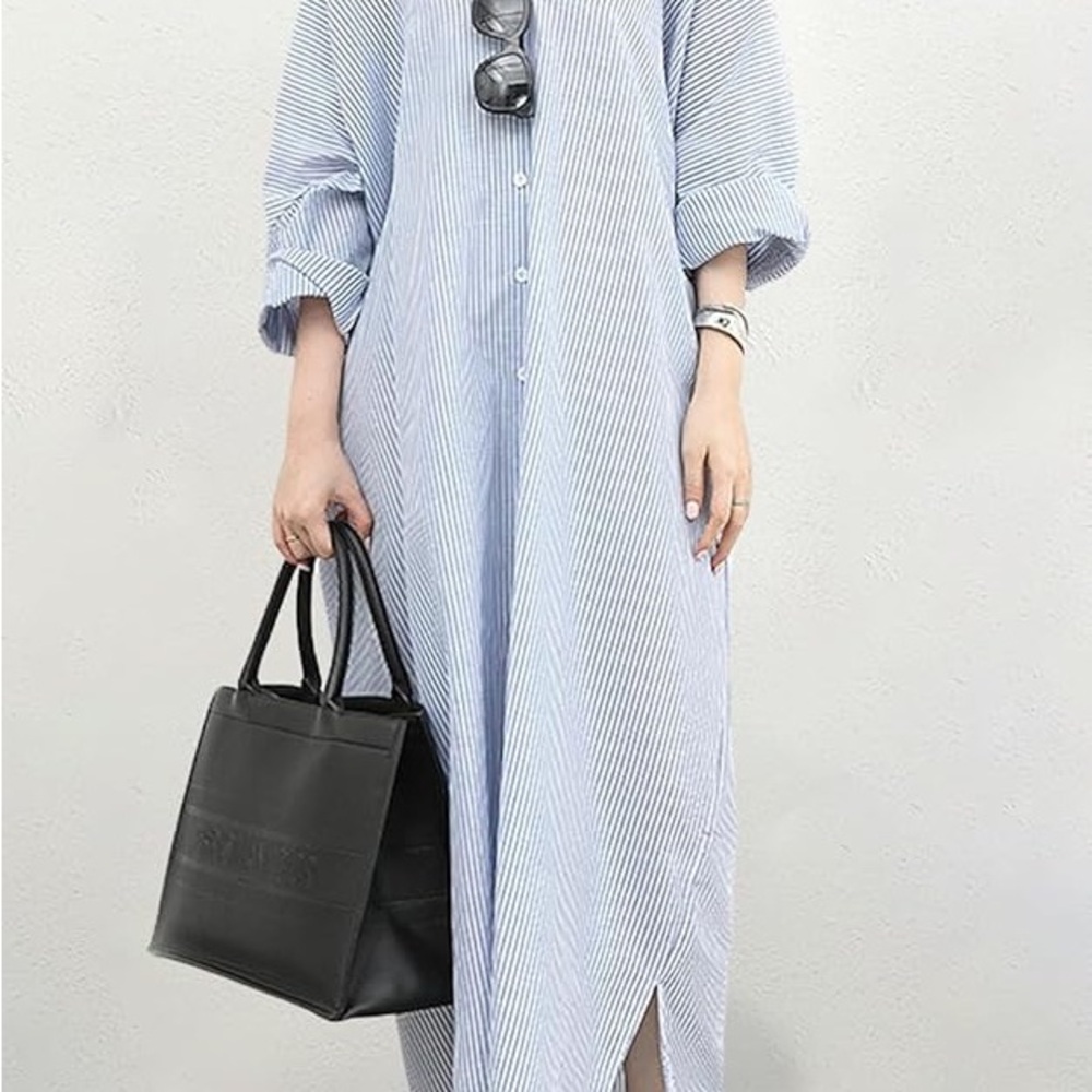 Chouyatou Women's Casual Button Down Striped Loose Long Shirt Dress Blue Sz M